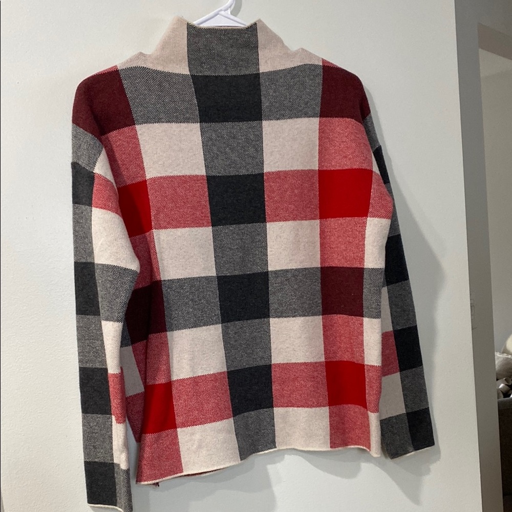 Tahari Red and Black Turtleneck Sweater with Bold Plaid Design